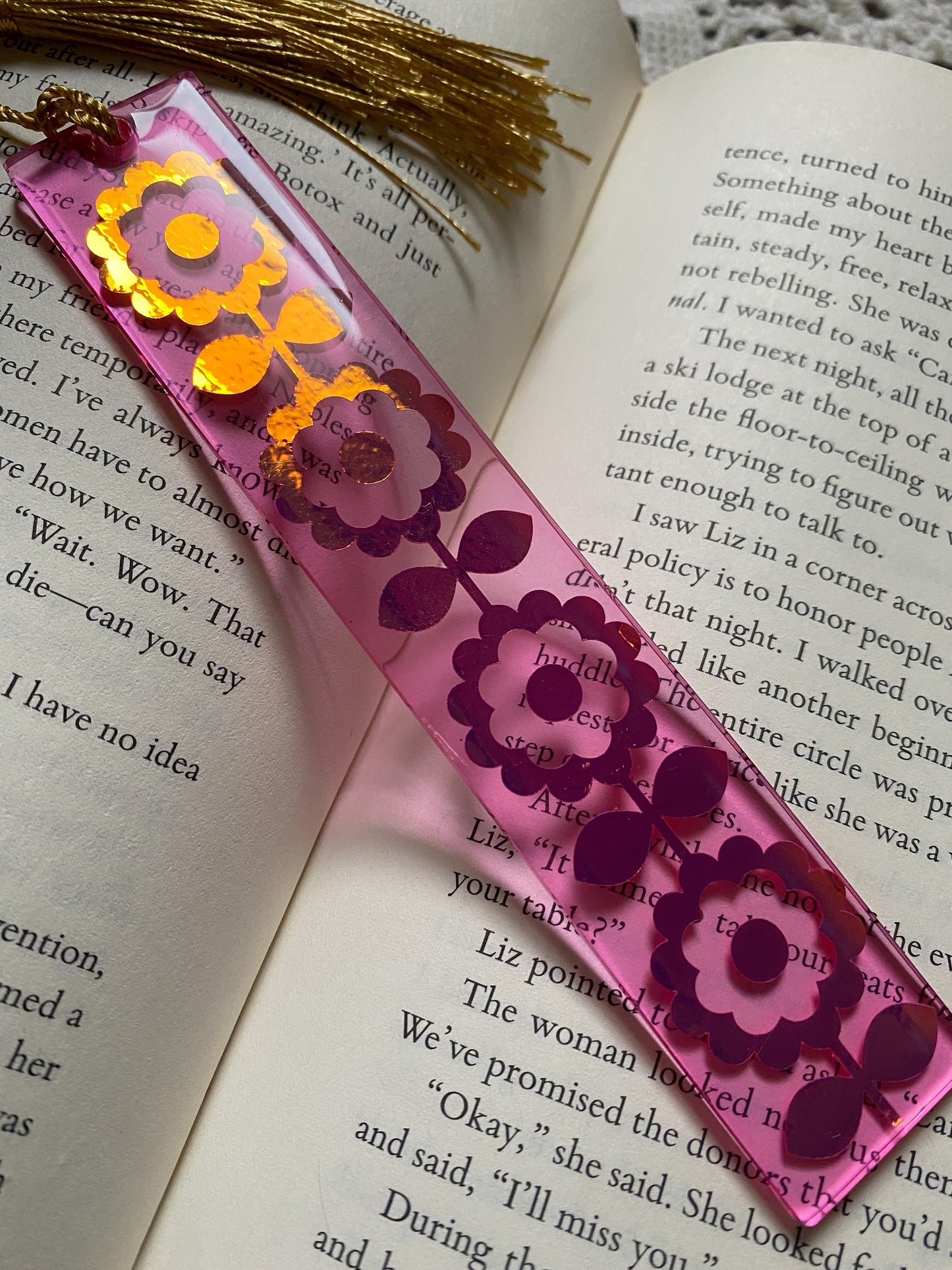 Pink Holographic Floral Pattern Bookmark